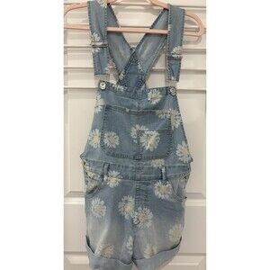 No Boundaries Daisy Floral Denim Shortalls Light Wash Blue Overall Juniors 7-9